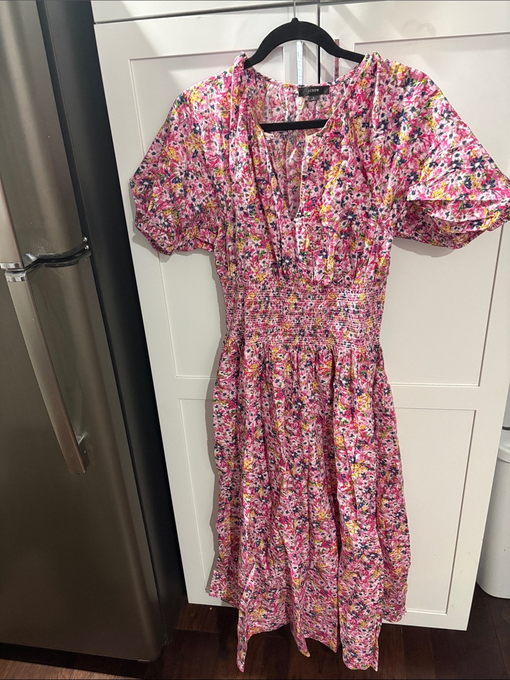 J. Crew Pink Floral Smocked Midi Dress